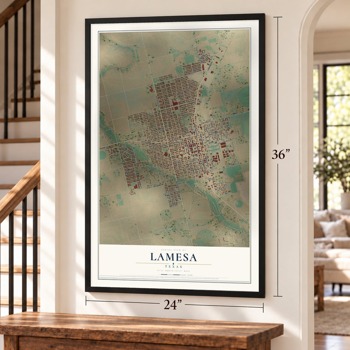Lamesa, Texas map, 24 x 36 inch print in a black frame by a staircase