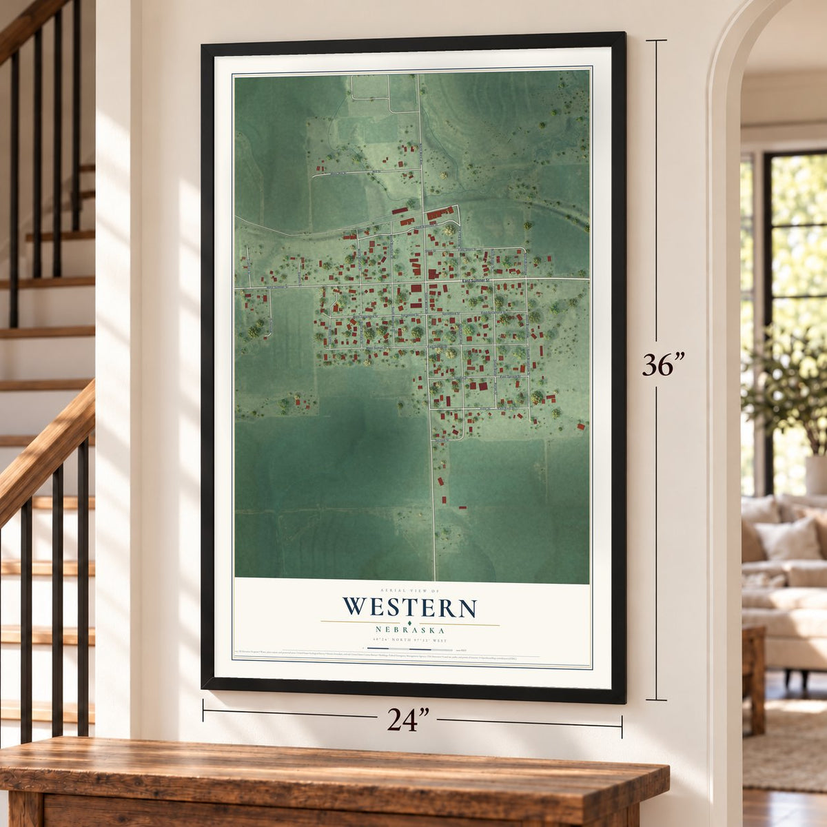 Western, Nebraska map, 24 x 36 inch print in a black frame by a staircase