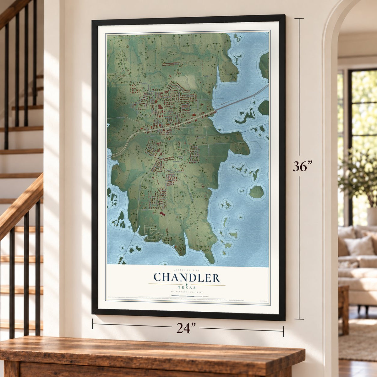 Chandler, Texas map, 24 x 36 inch print in a black frame by a staircase