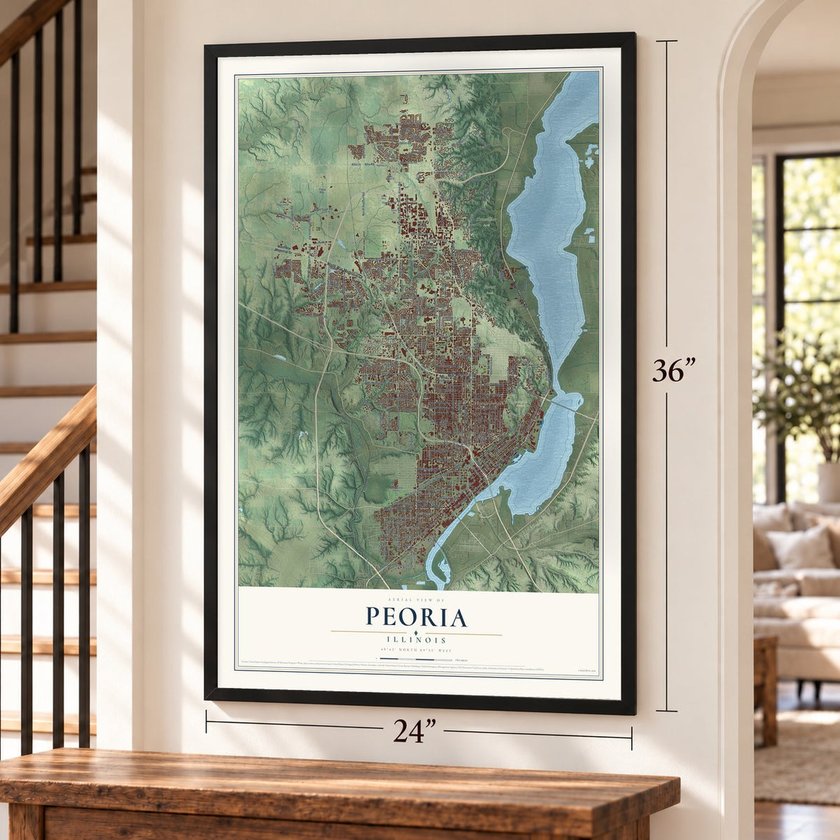 Peoria, Illinois map, 24 x 36 inch print in a black frame by a staircase