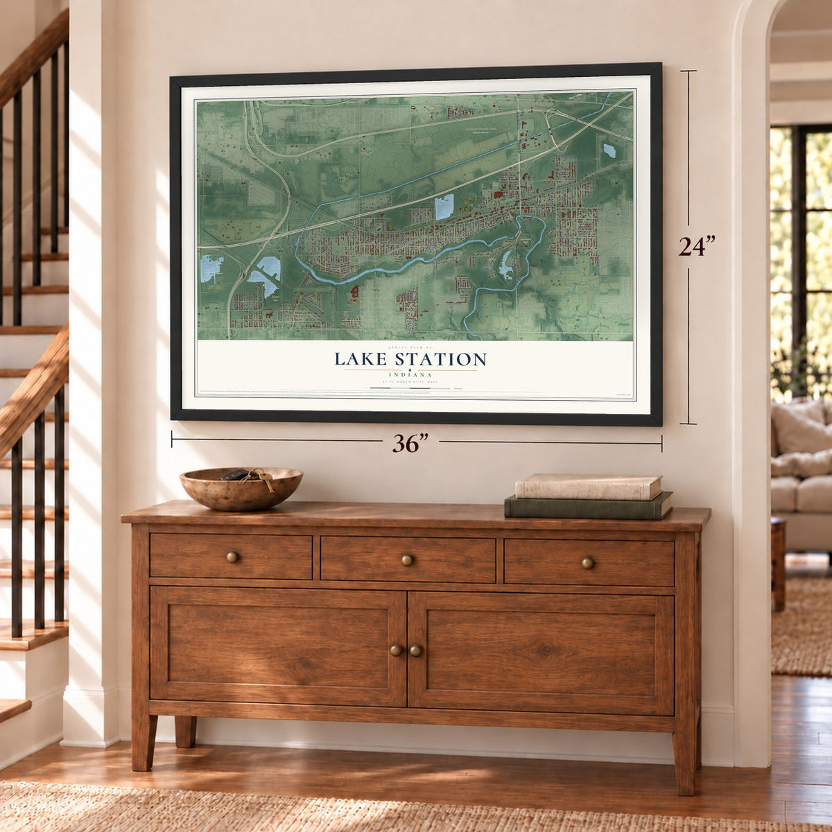 Lake Station, Indiana map, 24 x 36 inch print in a black frame above a dresser by a staircase