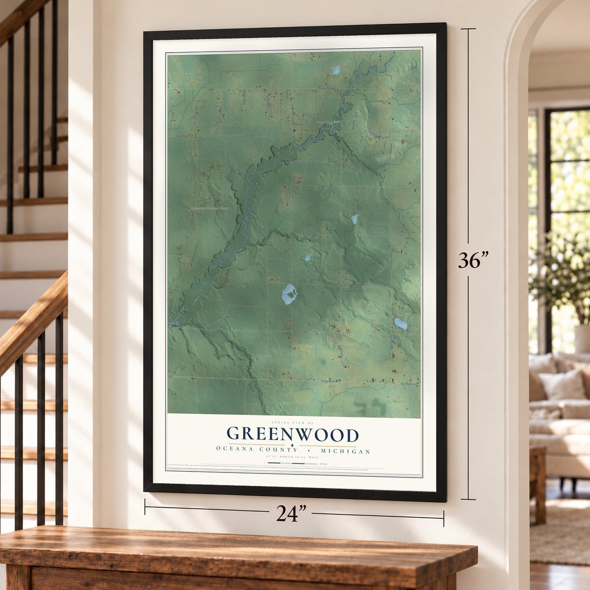 Greenwood, Oceana County, Michigan map, 24 x 36 inch print in a black frame by a staircase