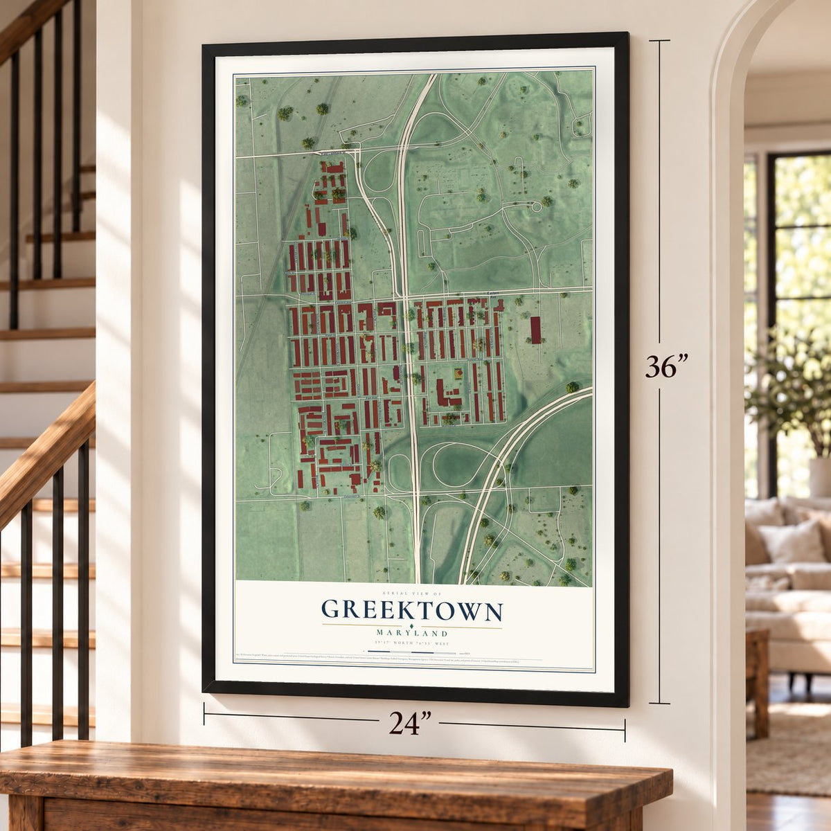 Greektown, Maryland map, 24 x 36 inch print in a black frame by a staircase