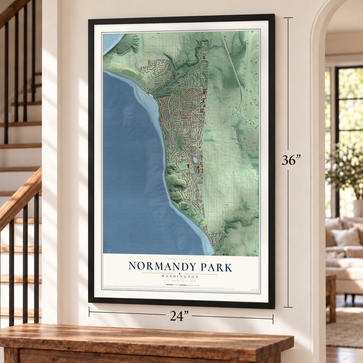 Normandy Park, Washington map, 24 x 36 inch print in a black frame by a staircase
