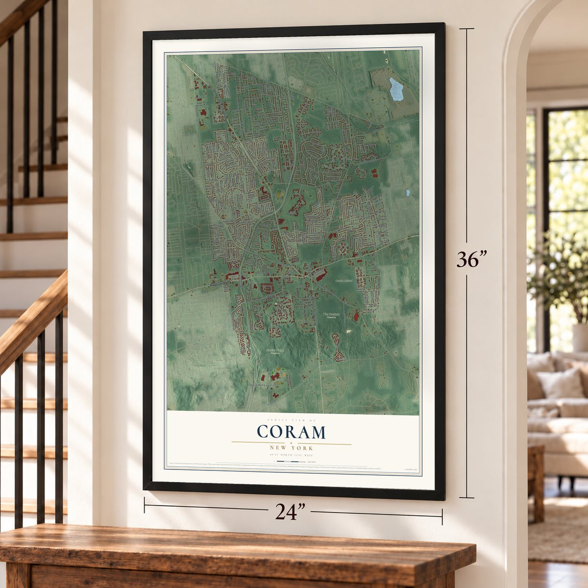 Coram, New York map, 24 x 36 inch print in a black frame by a staircase