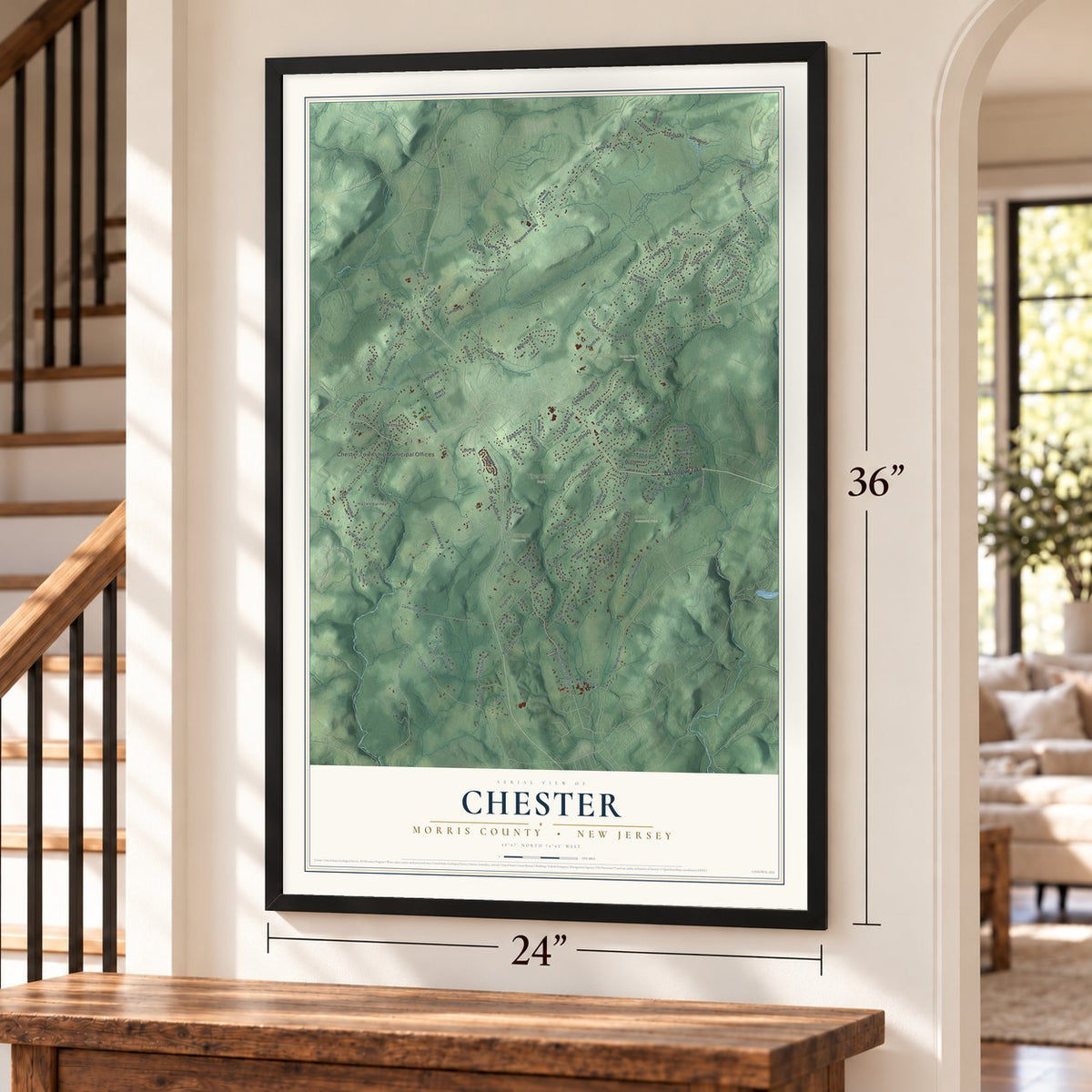 Chester, Morris County, New Jersey map, 24 x 36 inch print in a black frame by a staircase