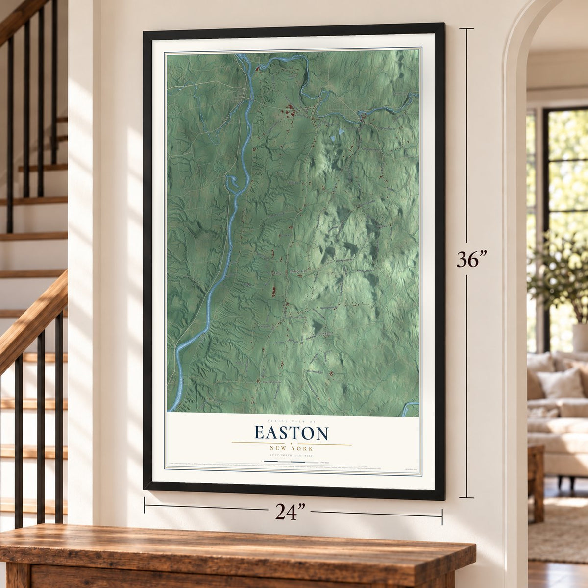 Easton, New York map, 24 x 36 inch print in a black frame by a staircase