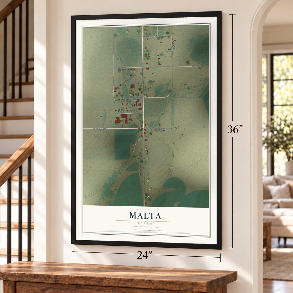 Malta, Idaho map, 24 x 36 inch print in a black frame by a staircase