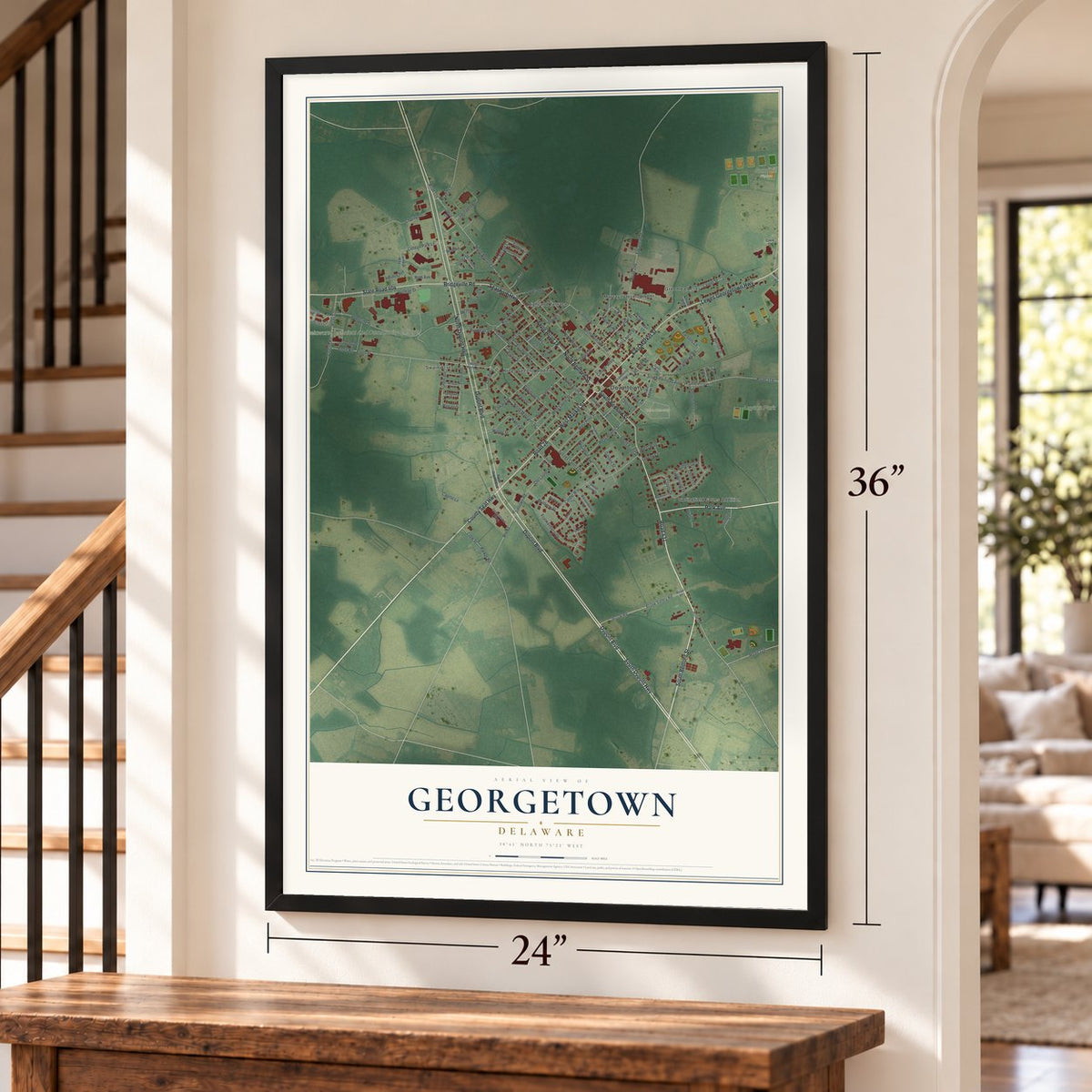 Georgetown, Delaware map, 24 x 36 inch print in a black frame by a staircase