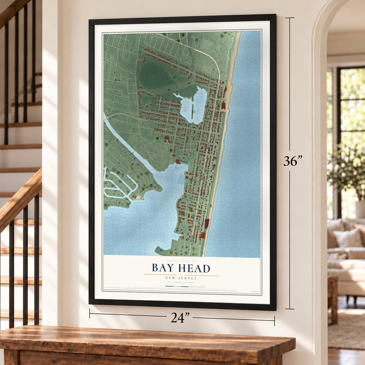 Bay Head, New Jersey map, 24 x 36 inch print in a black frame by a staircase