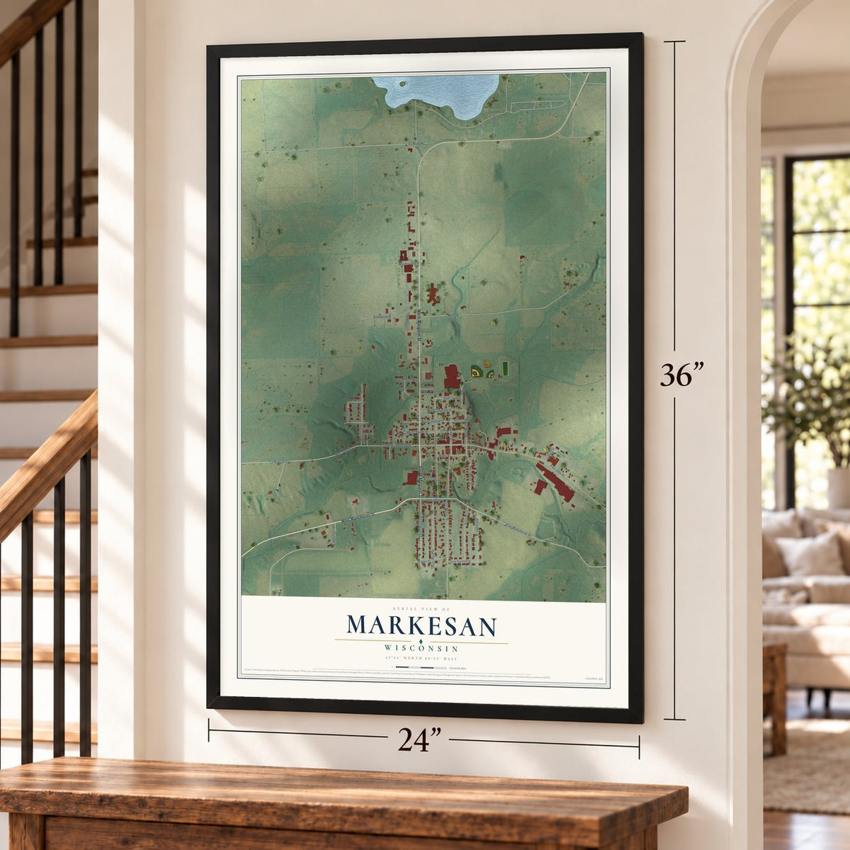 Markesan, Wisconsin map, 24 x 36 inch print in a black frame by a staircase