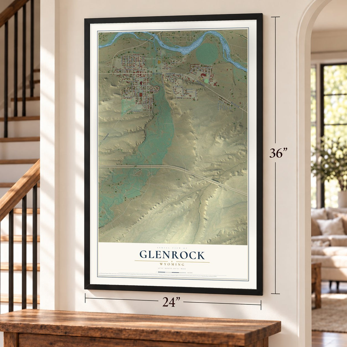 Glenrock, Wyoming map, 24 x 36 inch print in a black frame by a staircase