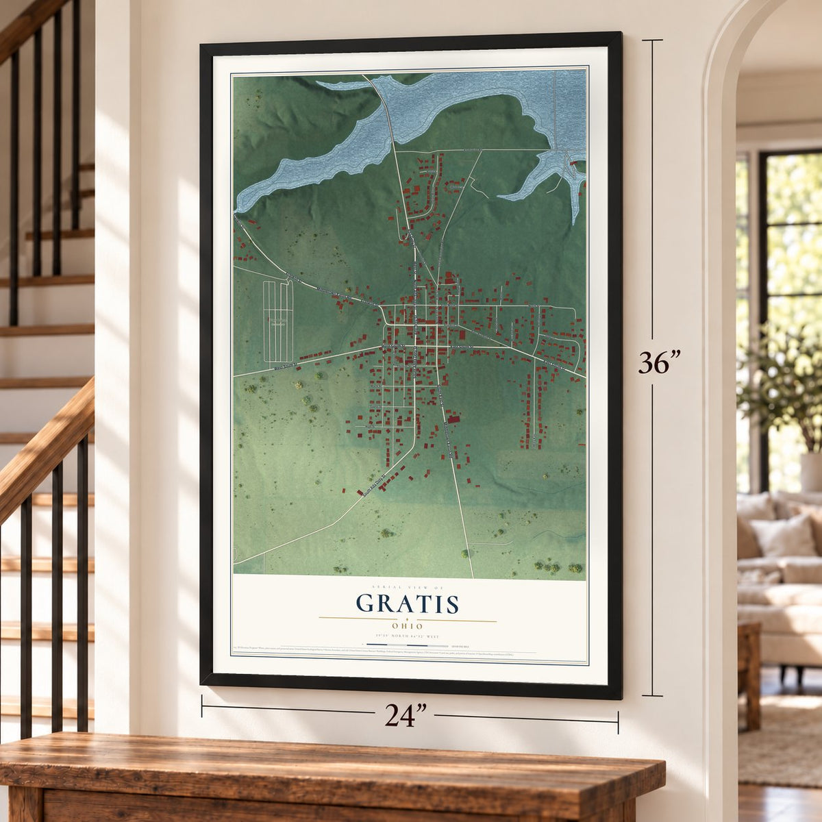 Gratis, Ohio map, 24 x 36 inch print in a black frame by a staircase