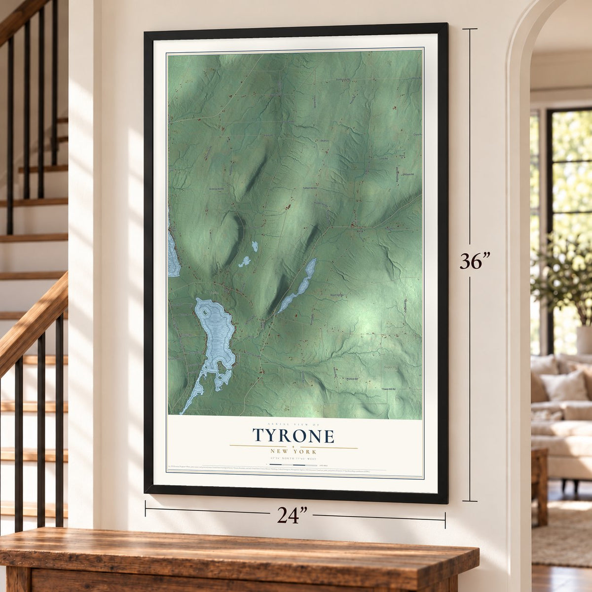 Tyrone, New York map, 24 x 36 inch print in a black frame by a staircase