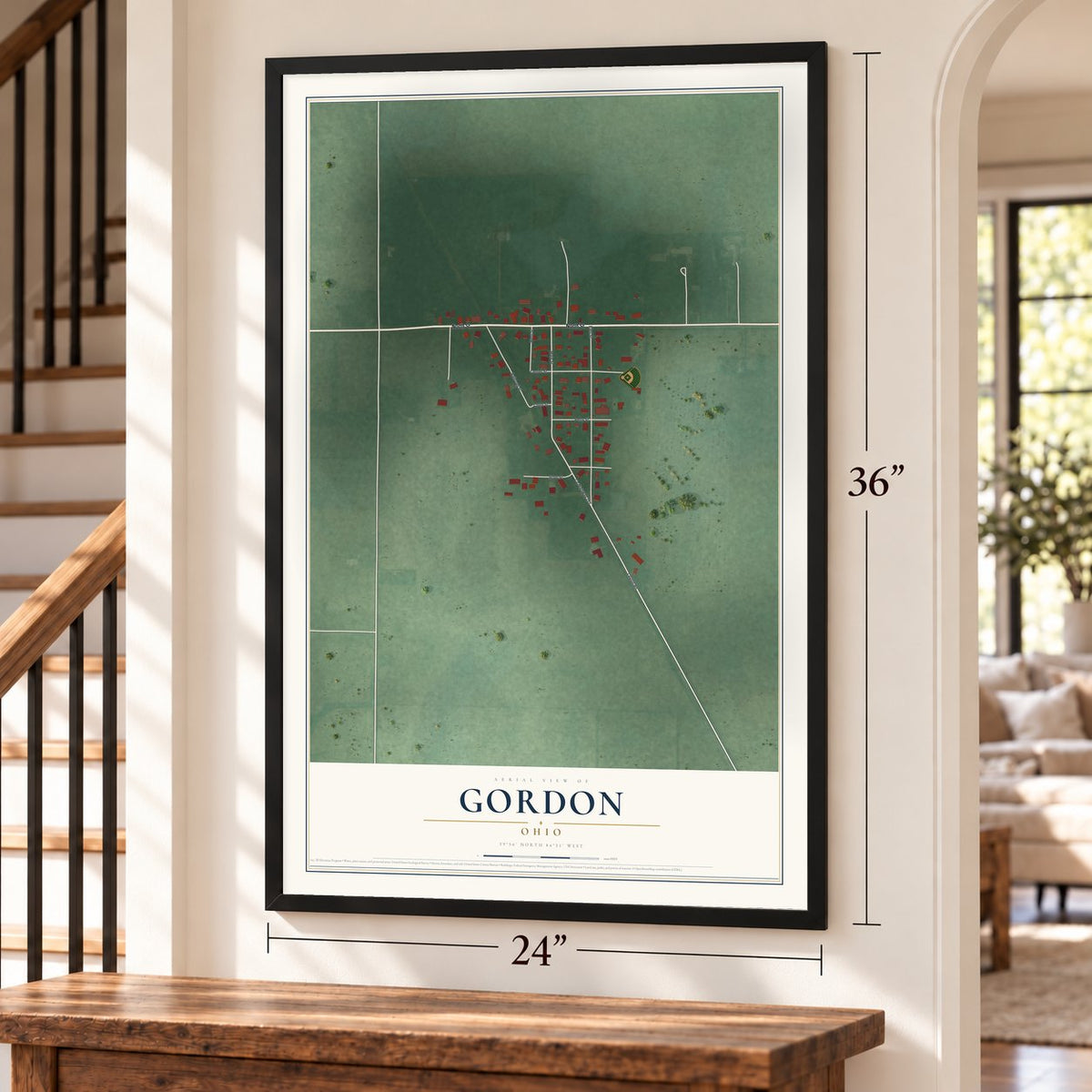Gordon, Ohio map, 24 x 36 inch print in a black frame by a staircase