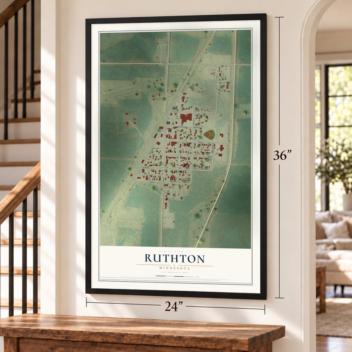 Ruthton, Minnesota map, 24 x 36 inch print in a black frame by a staircase