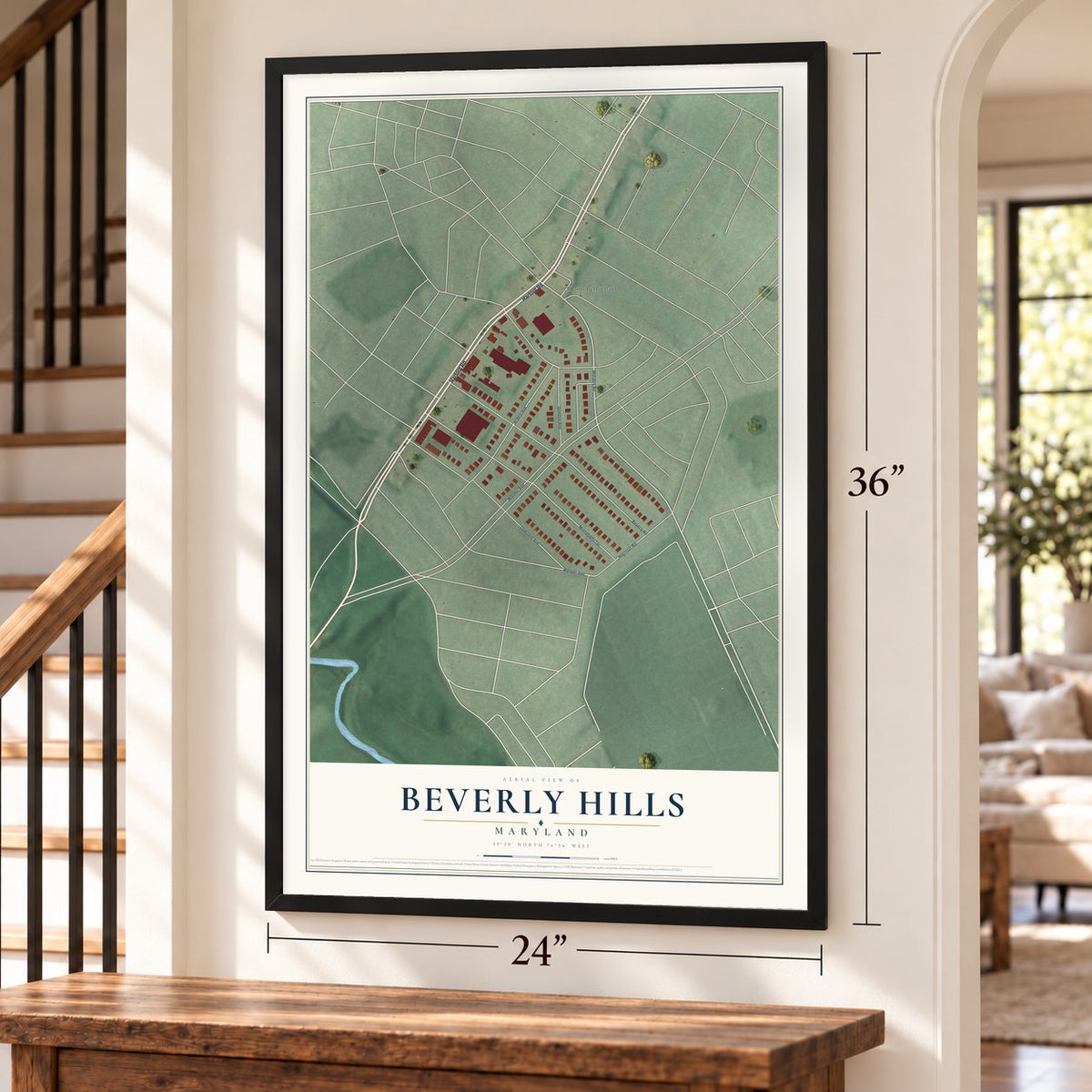 Beverly Hills, Maryland map, 24 x 36 inch print in a black frame by a staircase