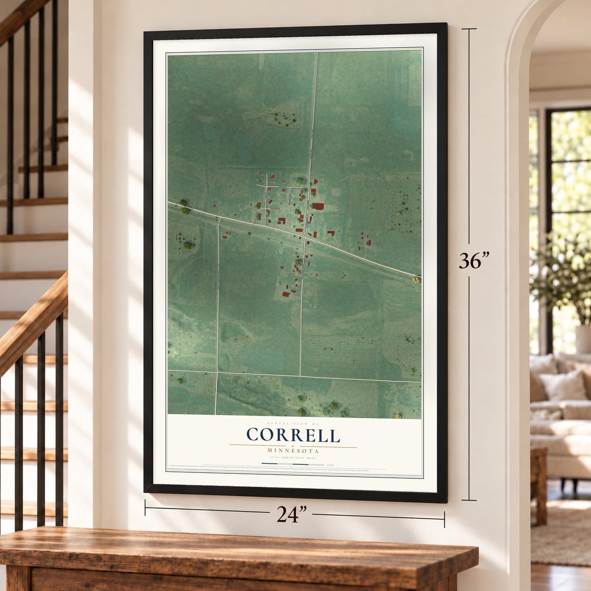 Correll, Minnesota map, 24 x 36 inch print in a black frame by a staircase