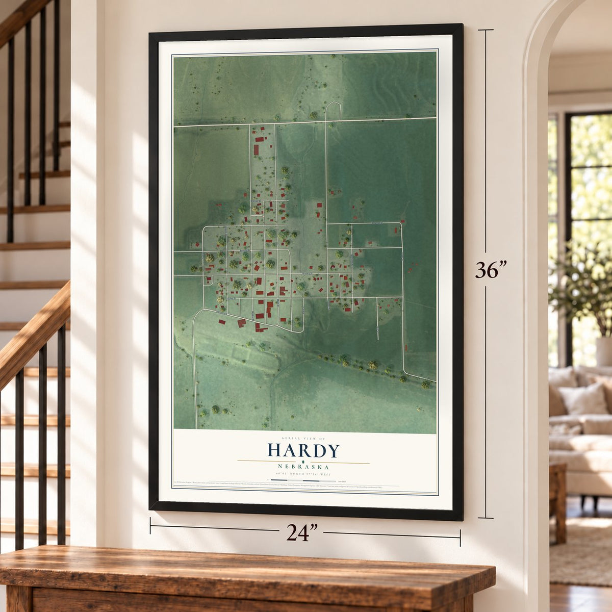 Hardy, Nebraska map, 24 x 36 inch print in a black frame by a staircase