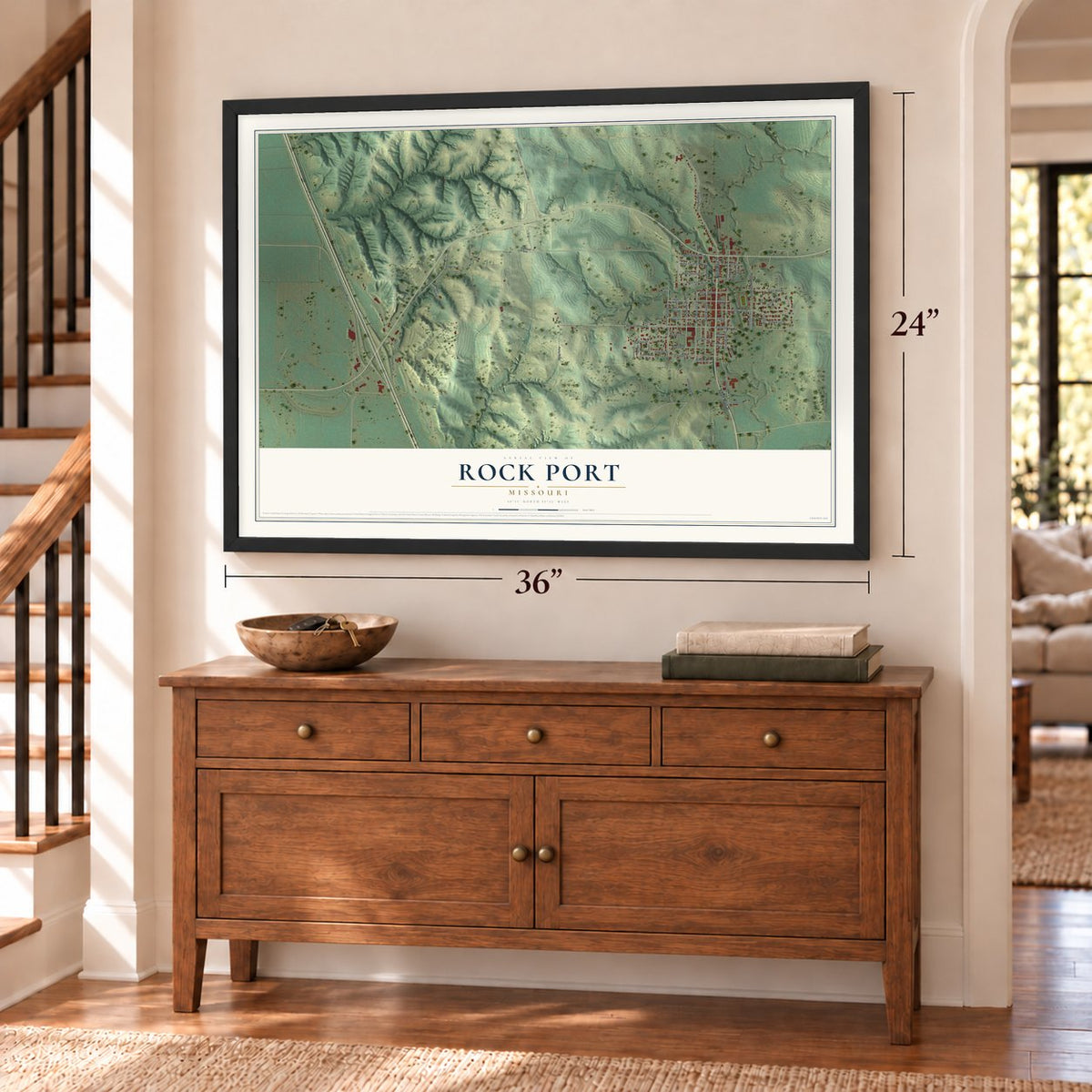Rock Port, Missouri map, 24 x 36 inch print in a black frame above a dresser by a staircase