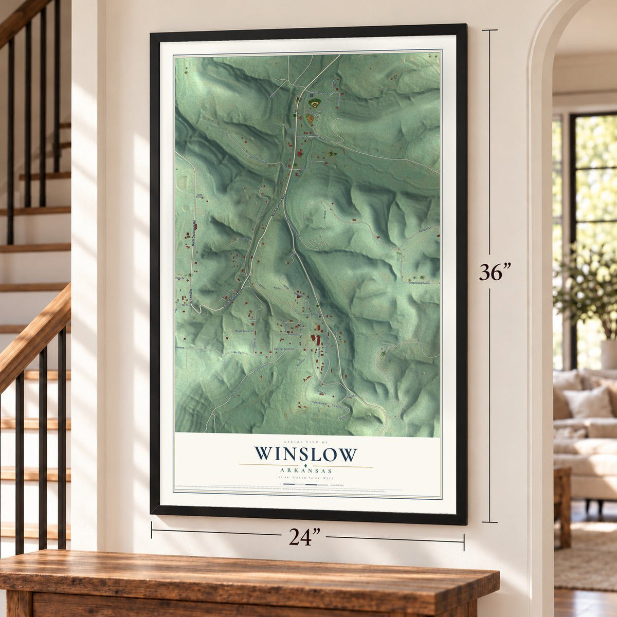 Winslow, Arkansas map, 24 x 36 inch print in a black frame by a staircase