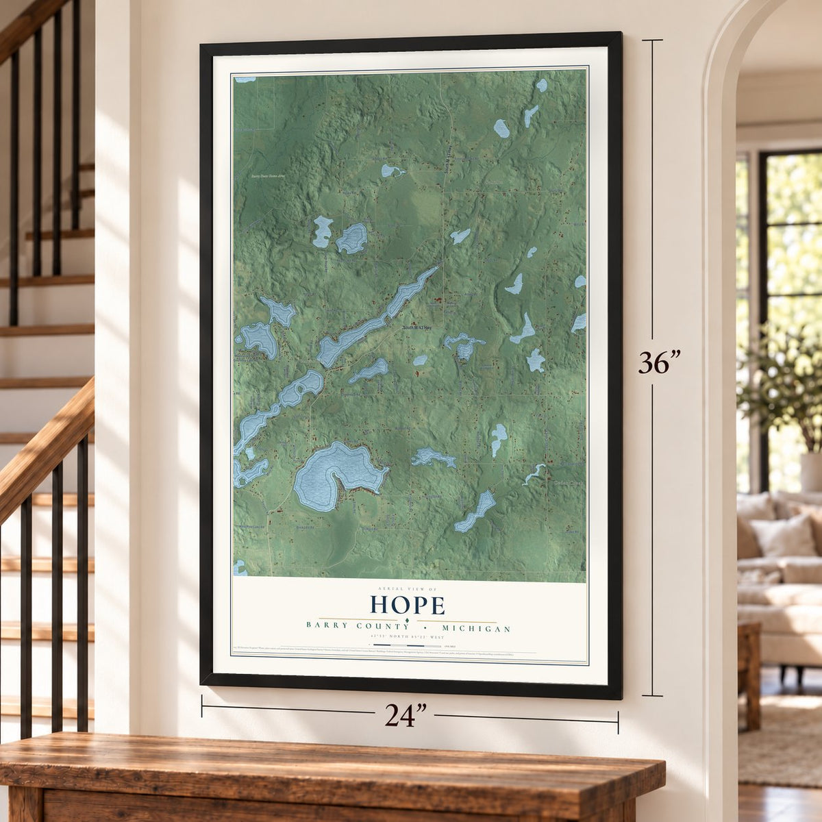 Hope, Barry County, Michigan map, 24 x 36 inch print in a black frame by a staircase