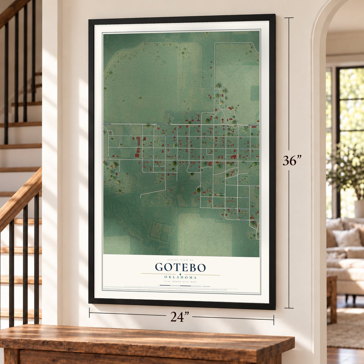 Gotebo, Oklahoma map, 24 x 36 inch print in a black frame by a staircase