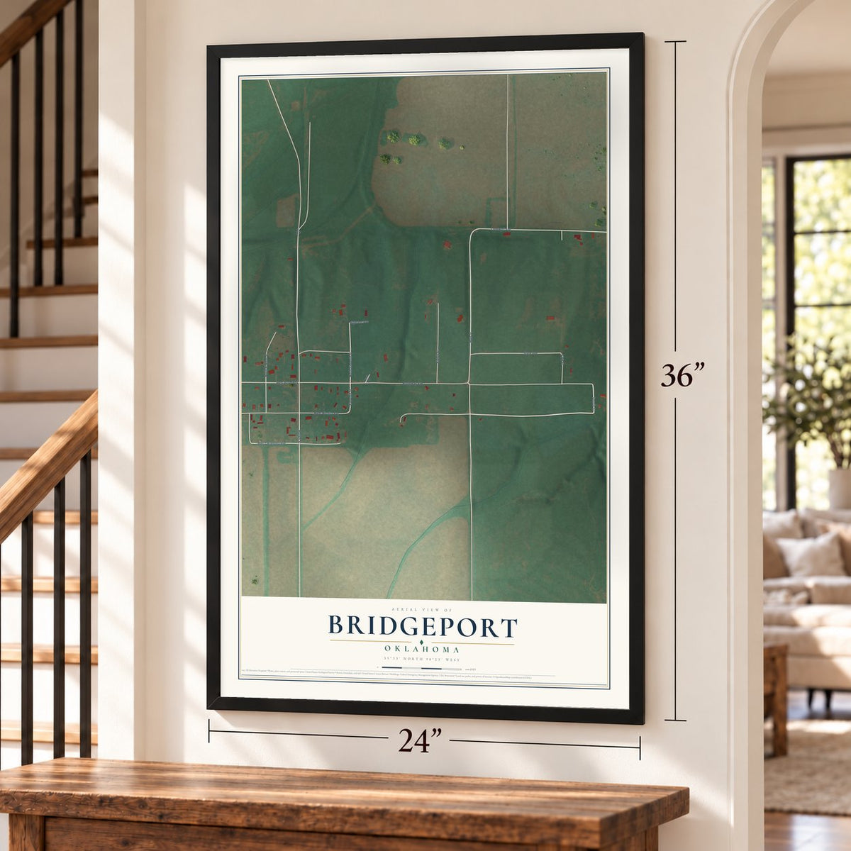 Bridgeport, Oklahoma map, 24 x 36 inch print in a black frame by a staircase