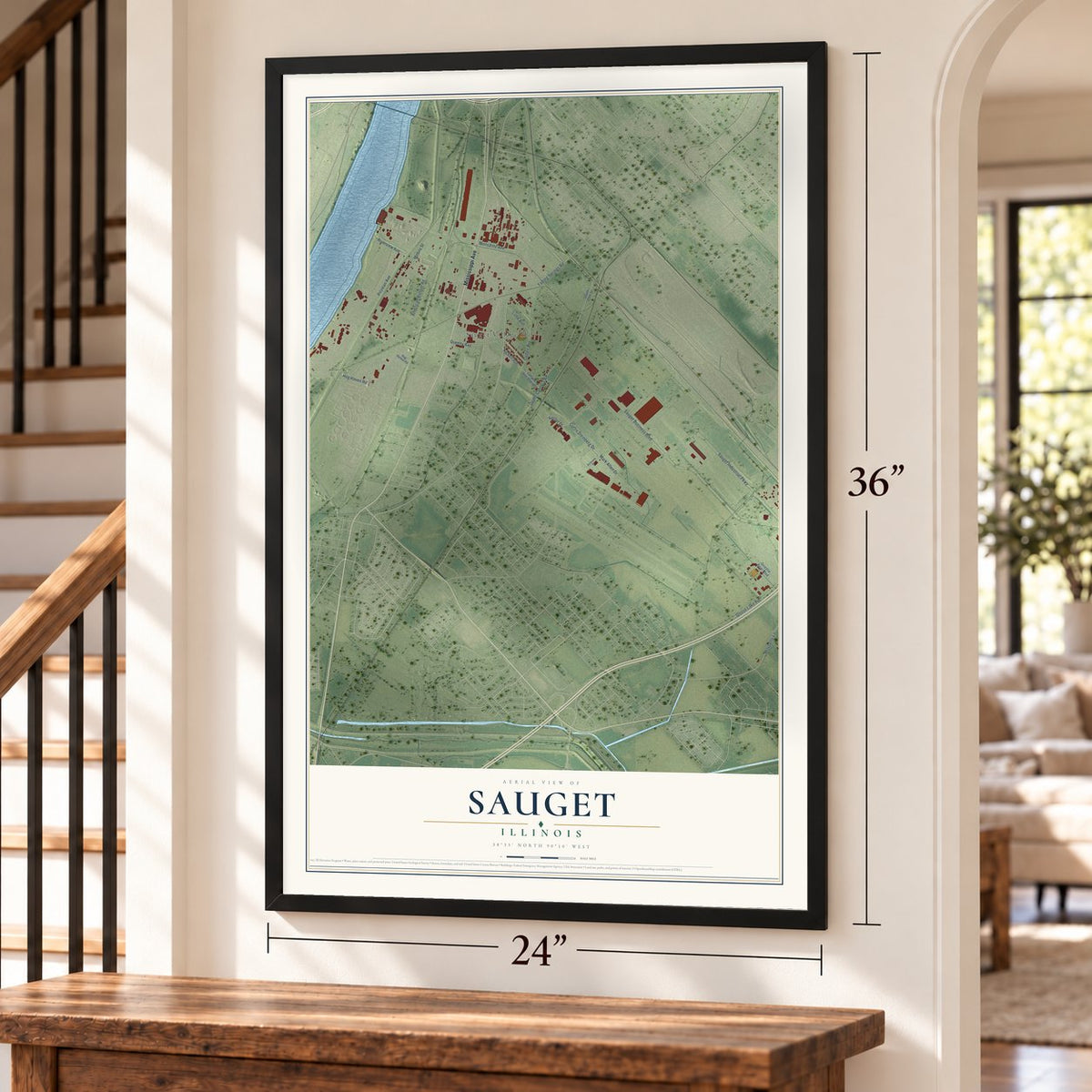 Sauget, Illinois map, 24 x 36 inch print in a black frame by a staircase