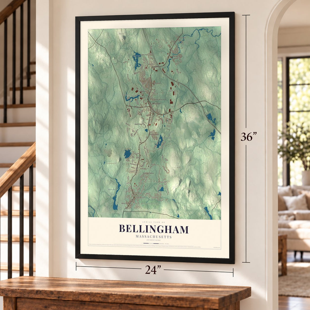 Bellingham, Massachusetts map, 24 x 36 inch print in a black frame by a staircase