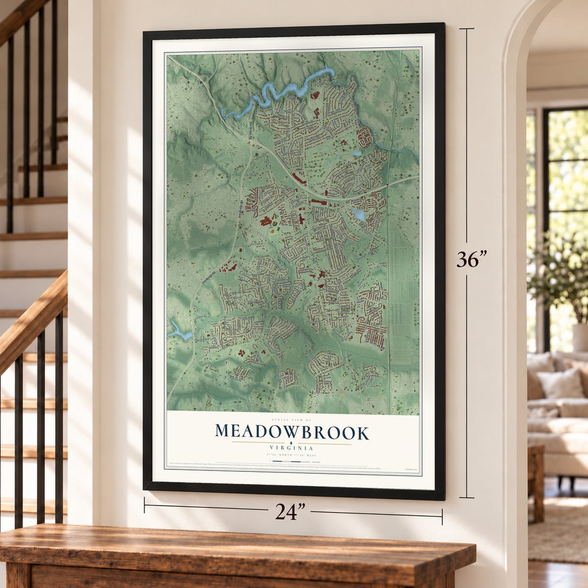 Meadowbrook, Virginia map, 24 x 36 inch print in a black frame by a staircase