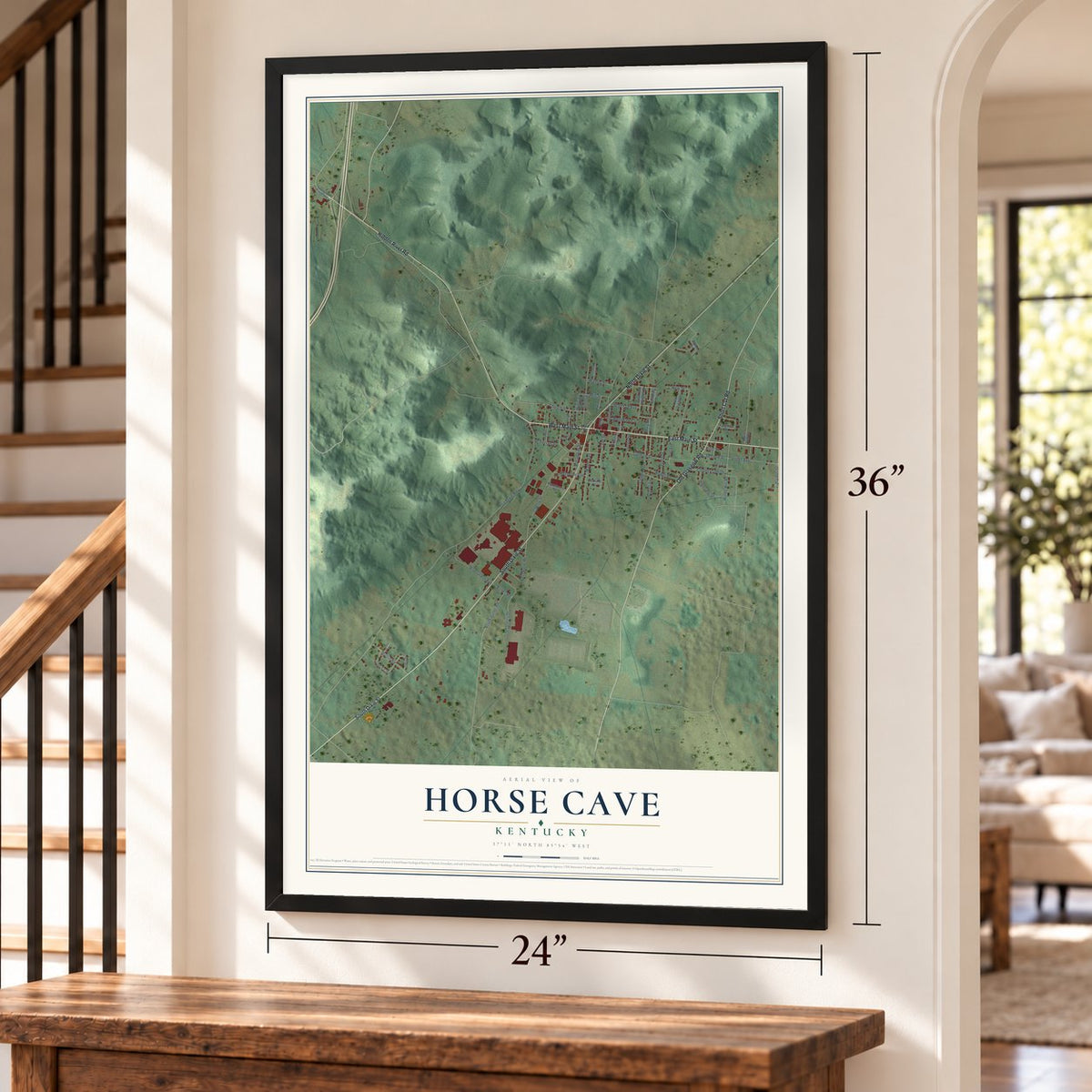 Horse Cave, Kentucky map, 24 x 36 inch print in a black frame by a staircase