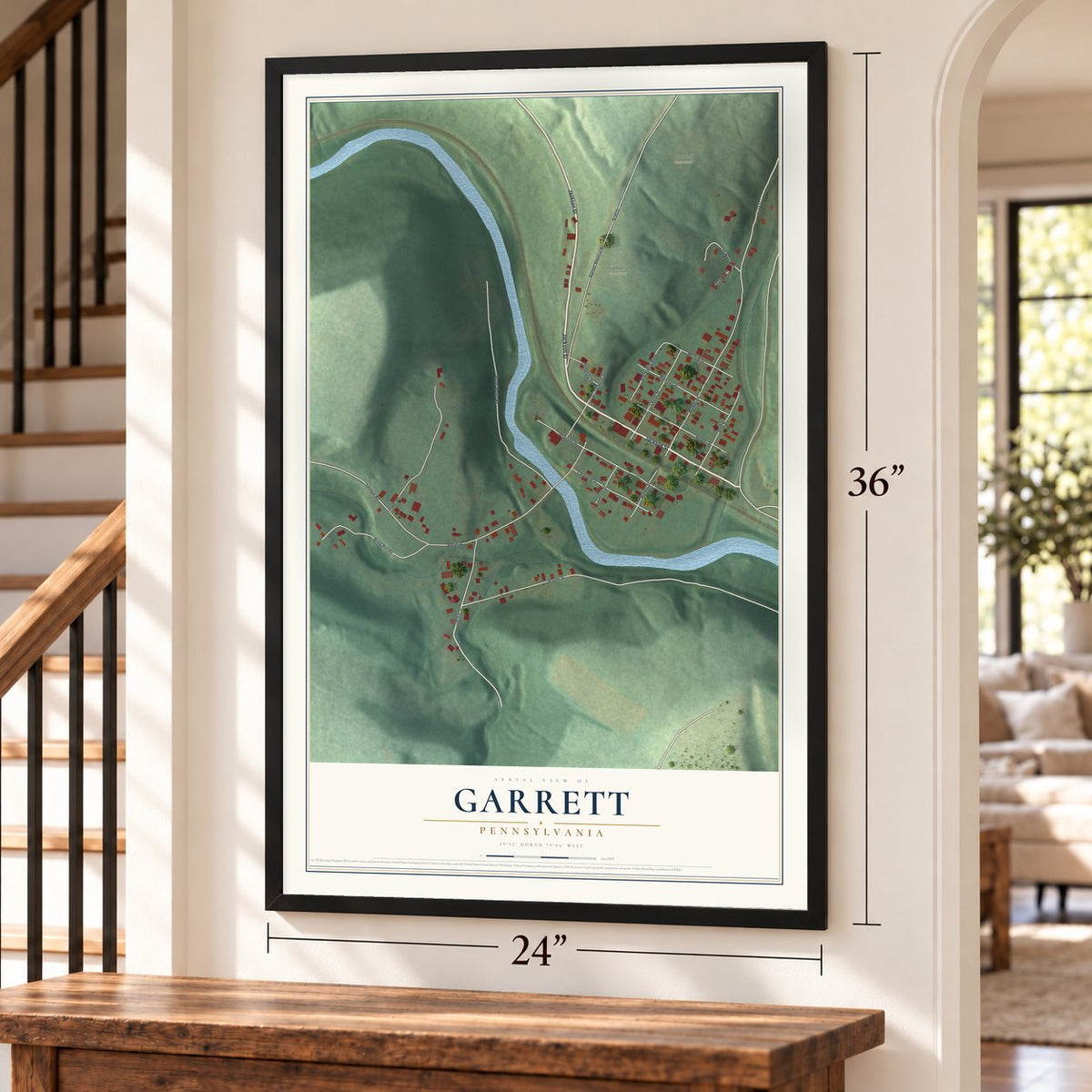Garrett, Pennsylvania map, 24 x 36 inch print in a black frame by a staircase