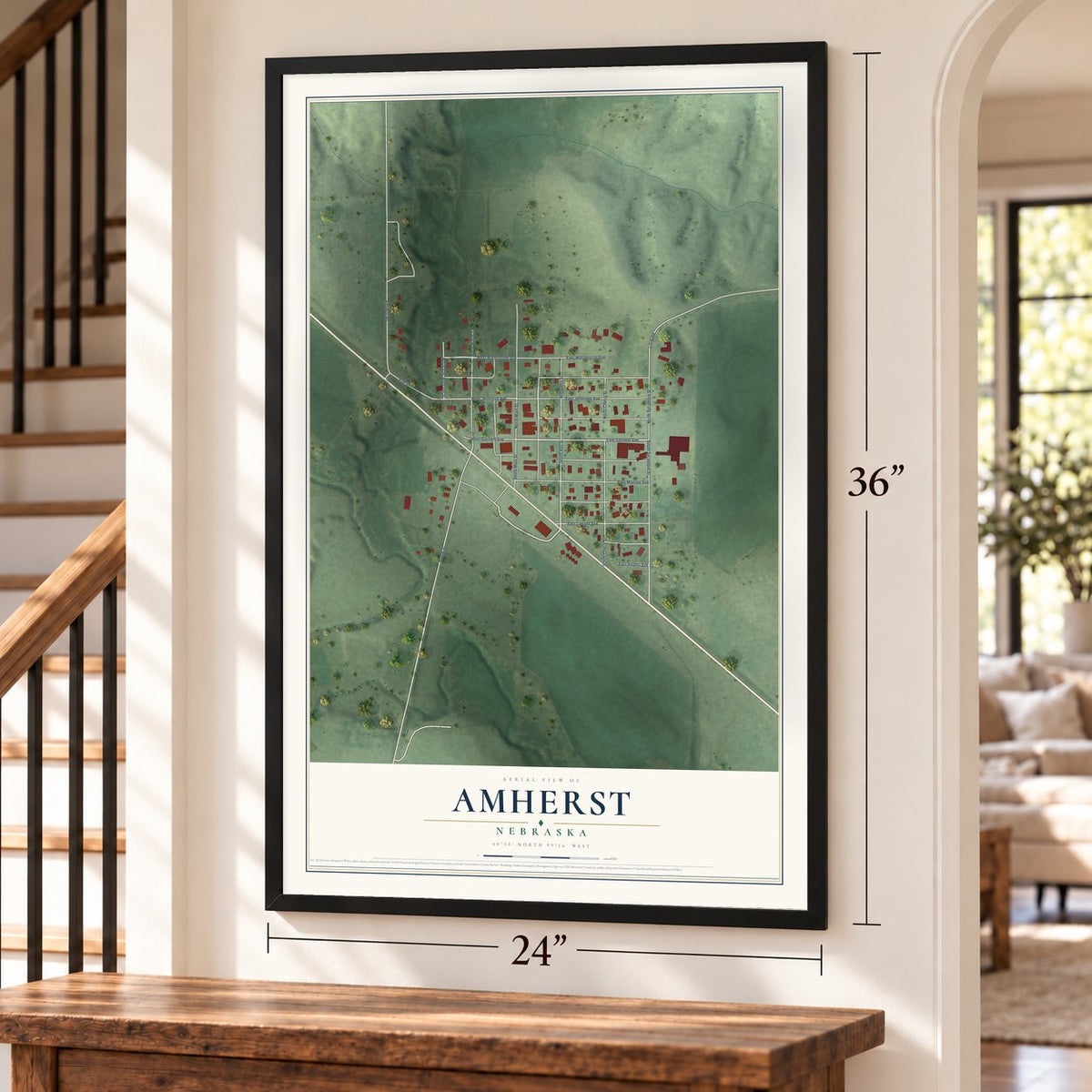 Amherst, Nebraska map, 24 x 36 inch print in a black frame by a staircase