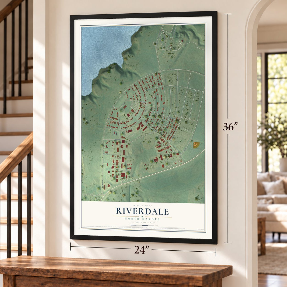 Riverdale, North Dakota map, 24 x 36 inch print in a black frame by a staircase