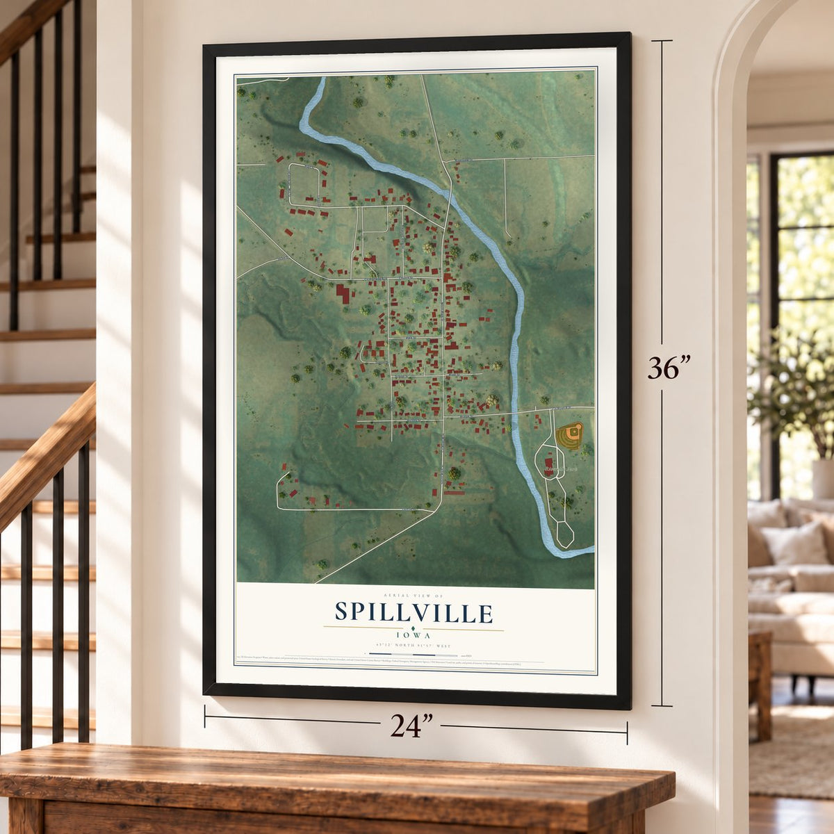 Spillville, Iowa map, 24 x 36 inch print in a black frame by a staircase