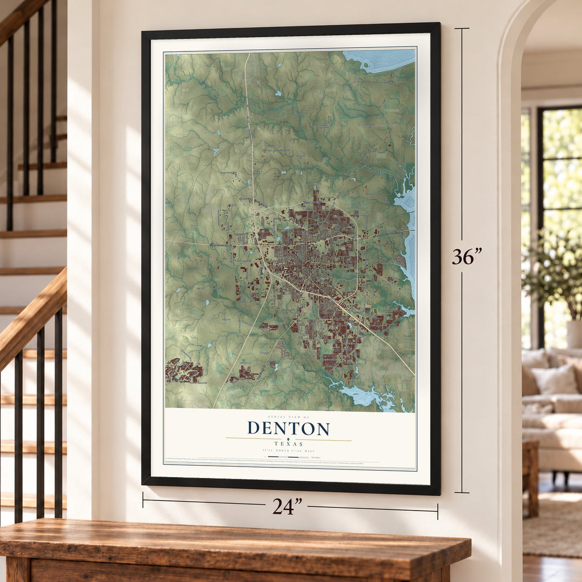 Denton, Texas map, 24 x 36 inch print in a black frame by a staircase