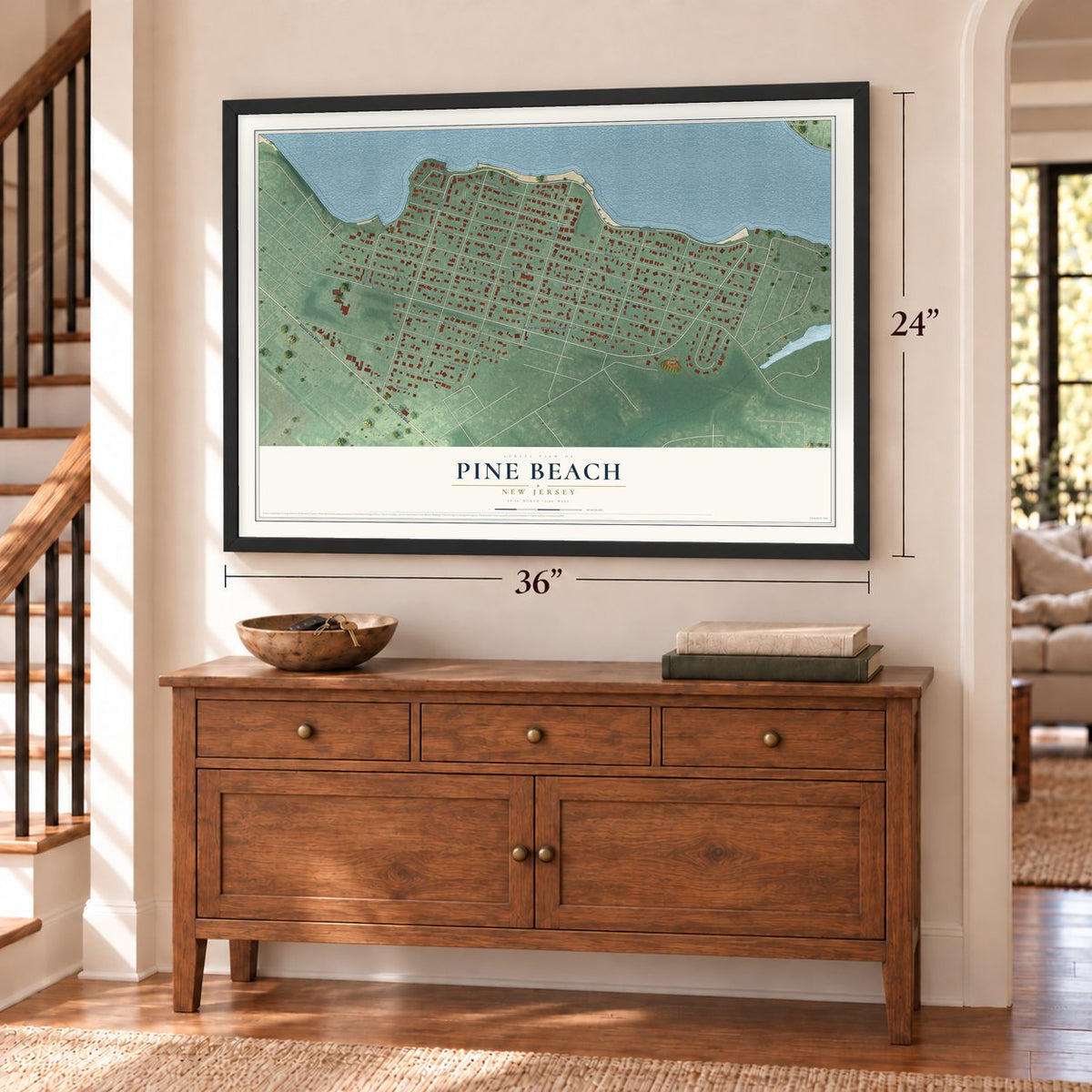Pine Beach, New Jersey map, 24 x 36 inch print in a black frame above a dresser by a staircase