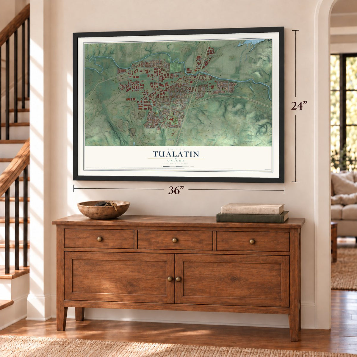 Tualatin, Oregon map, 24 x 36 inch print in a black frame above a dresser by a staircase