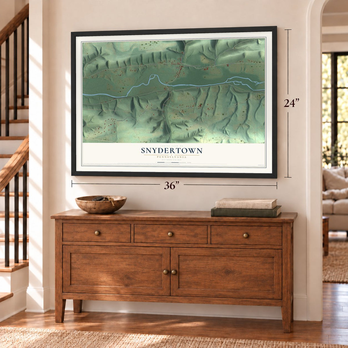 Snydertown, Pennsylvania map, 24 x 36 inch print in a black frame above a dresser by a staircase