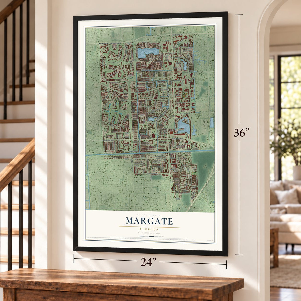 Margate, Florida map, 24 x 36 inch print in a black frame by a staircase