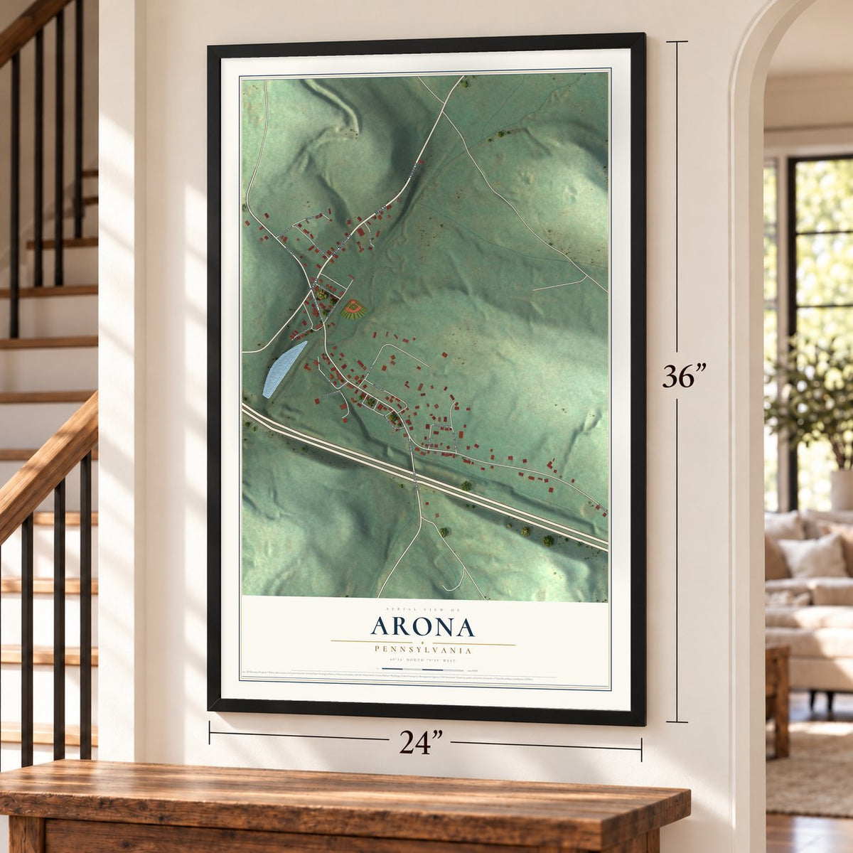 Arona, Pennsylvania map, 24 x 36 inch print in a black frame by a staircase