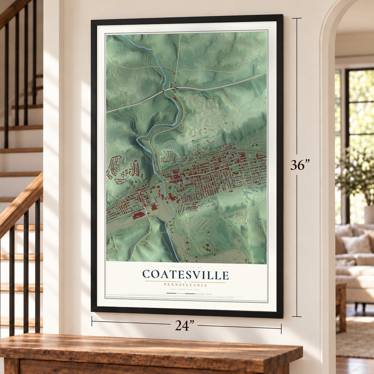 Coatesville, Pennsylvania map, 24 x 36 inch print in a black frame by a staircase