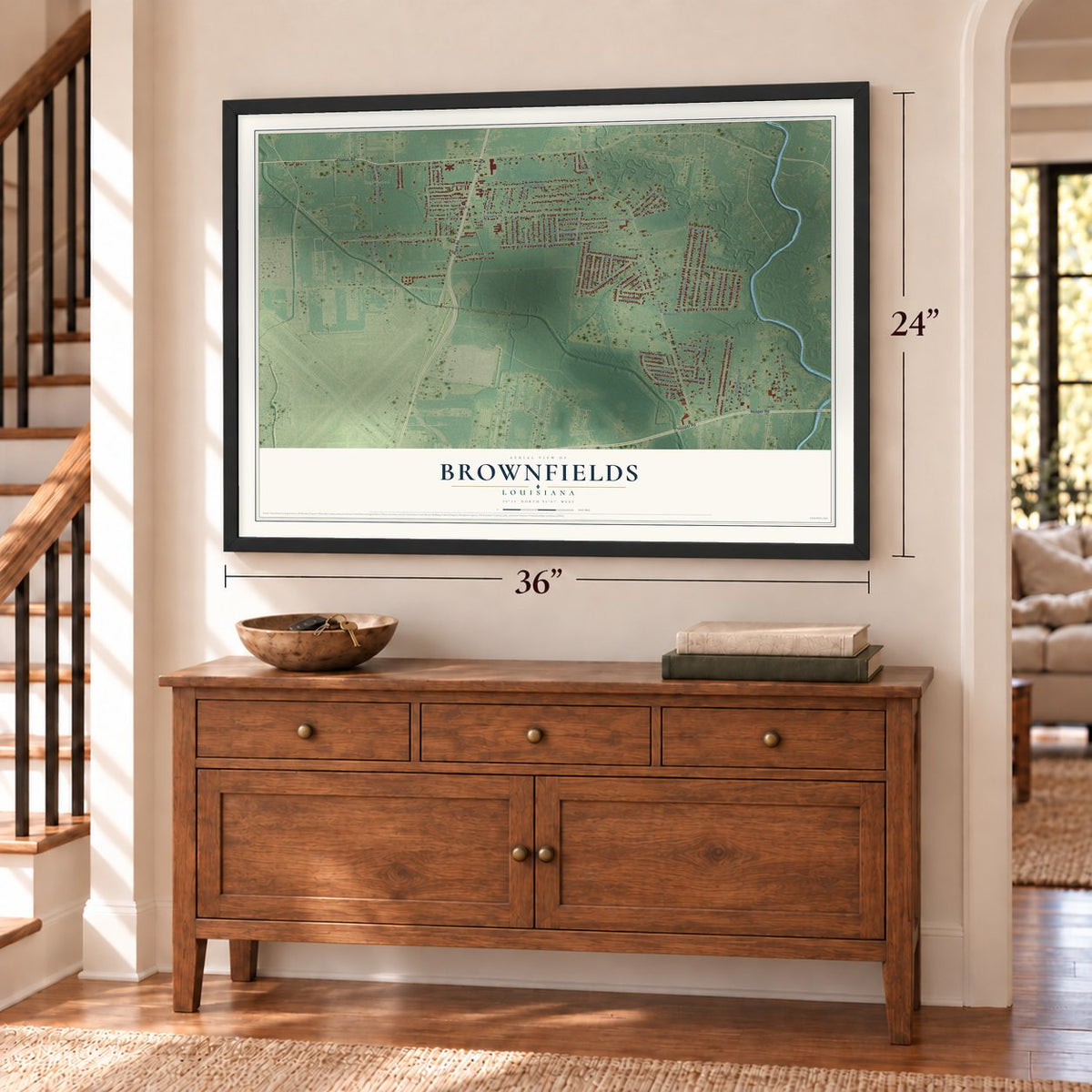 Brownfields, Louisiana map, 24 x 36 inch print in a black frame above a dresser by a staircase