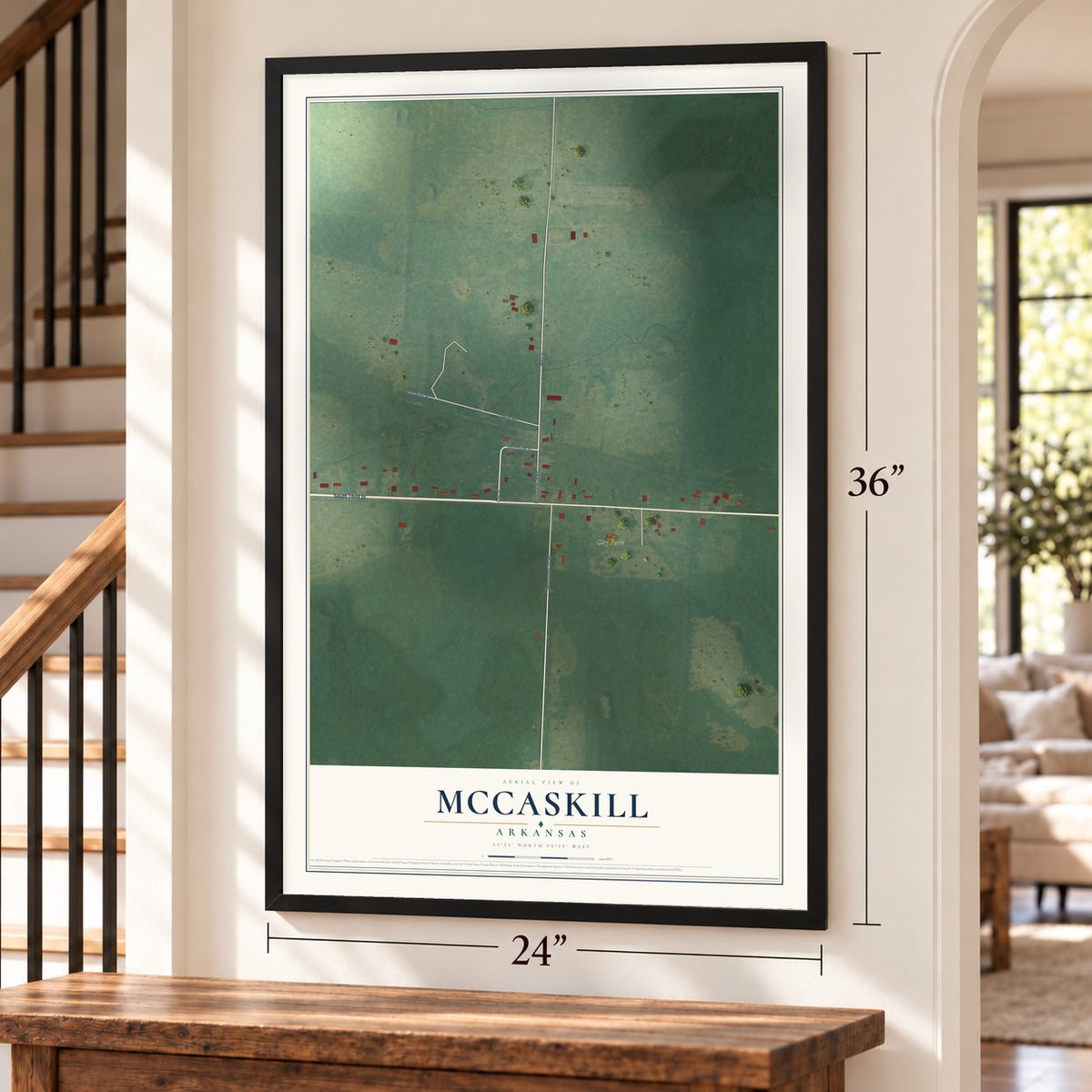 McCaskill, Arkansas map, 24 x 36 inch print in a black frame by a staircase