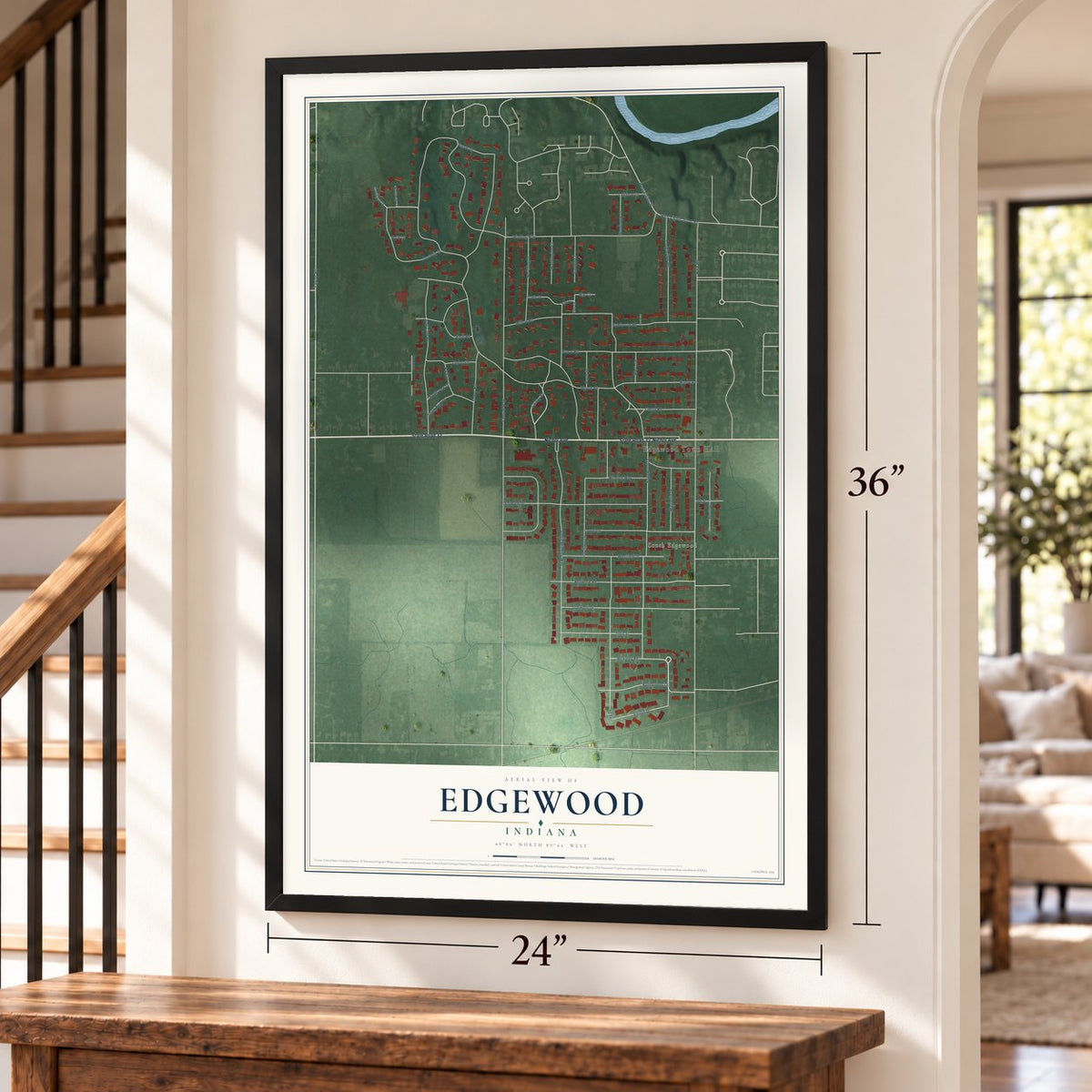 Edgewood, Indiana map, 24 x 36 inch print in a black frame by a staircase