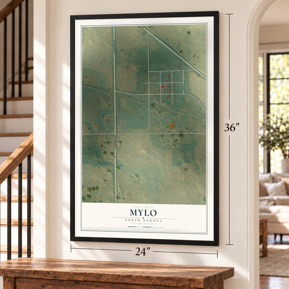 Mylo, North Dakota map, 24 x 36 inch print in a black frame by a staircase