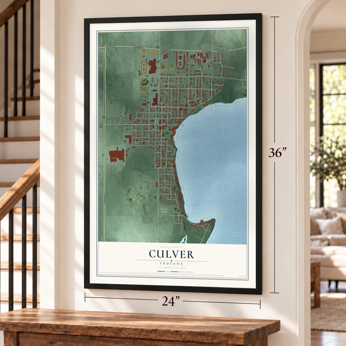 Culver, Indiana map, 24 x 36 inch print in a black frame by a staircase