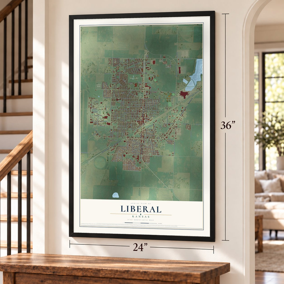 Liberal, Kansas map, 24 x 36 inch print in a black frame by a staircase