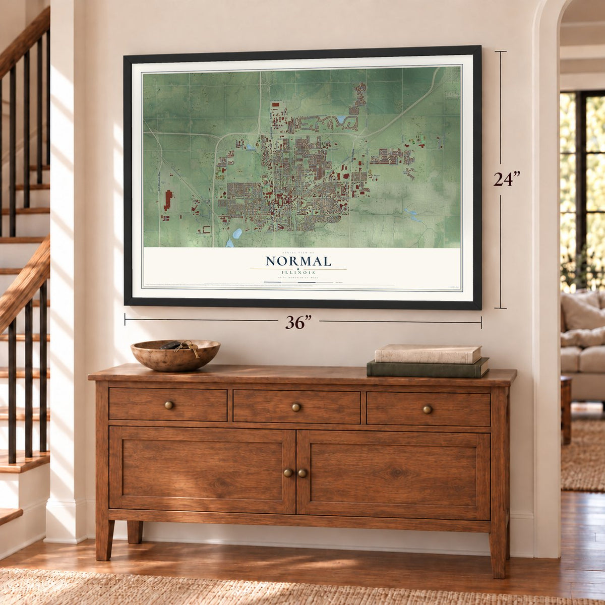 Normal, Illinois map, 24 x 36 inch print in a black frame above a dresser by a staircase